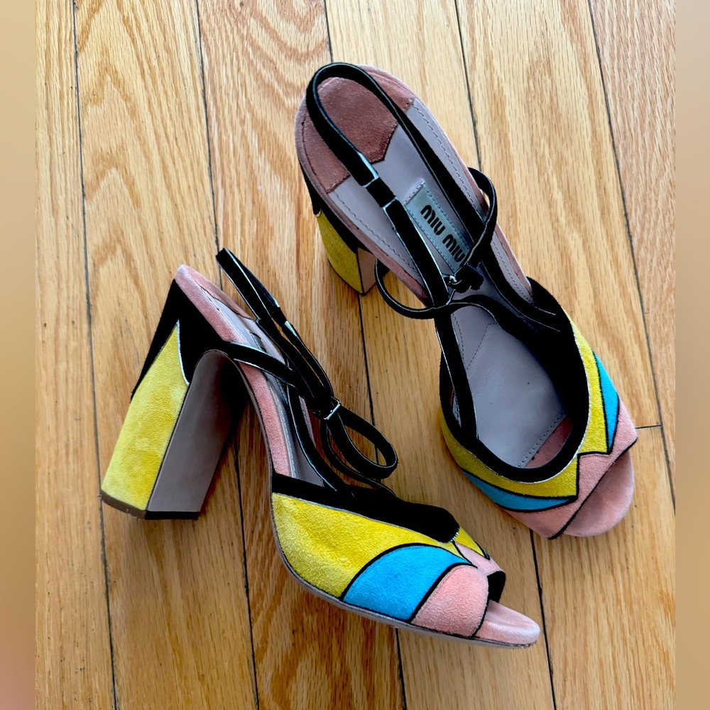 Miu Miu Pink Yellow Blue Suede Colorblock Slingback Sandals